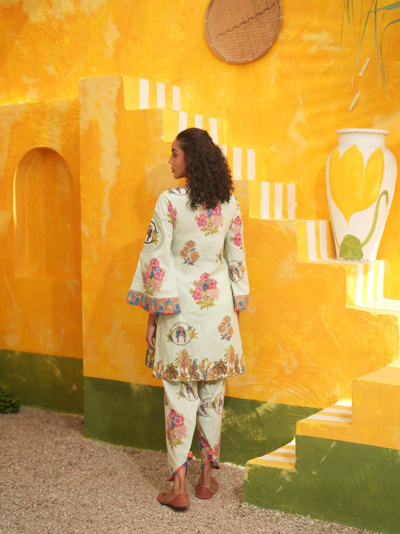 Cool Mint Printed Cotton Kurta Set with Bell Sleeves