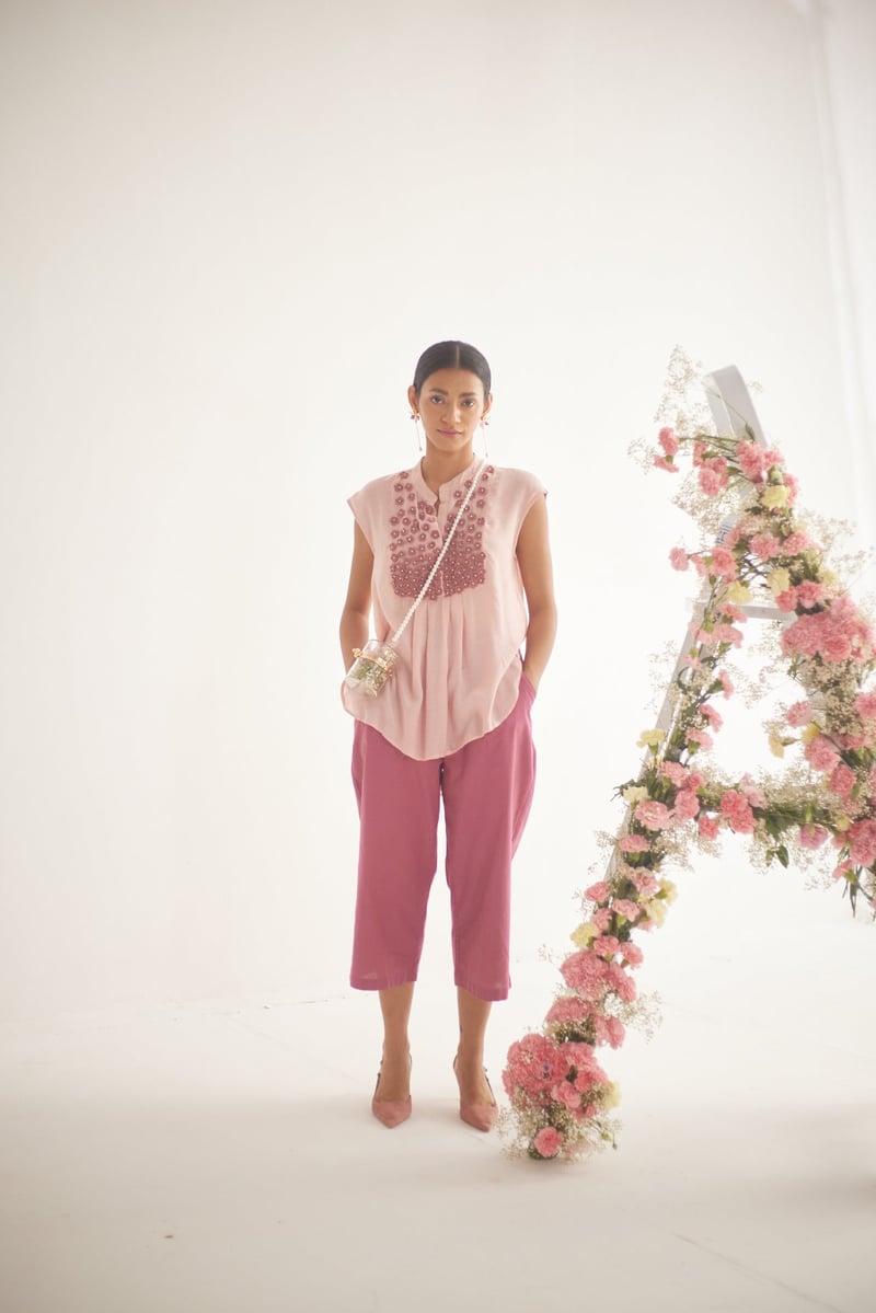 Peach Sheer Voile Top with Floral Embroidery