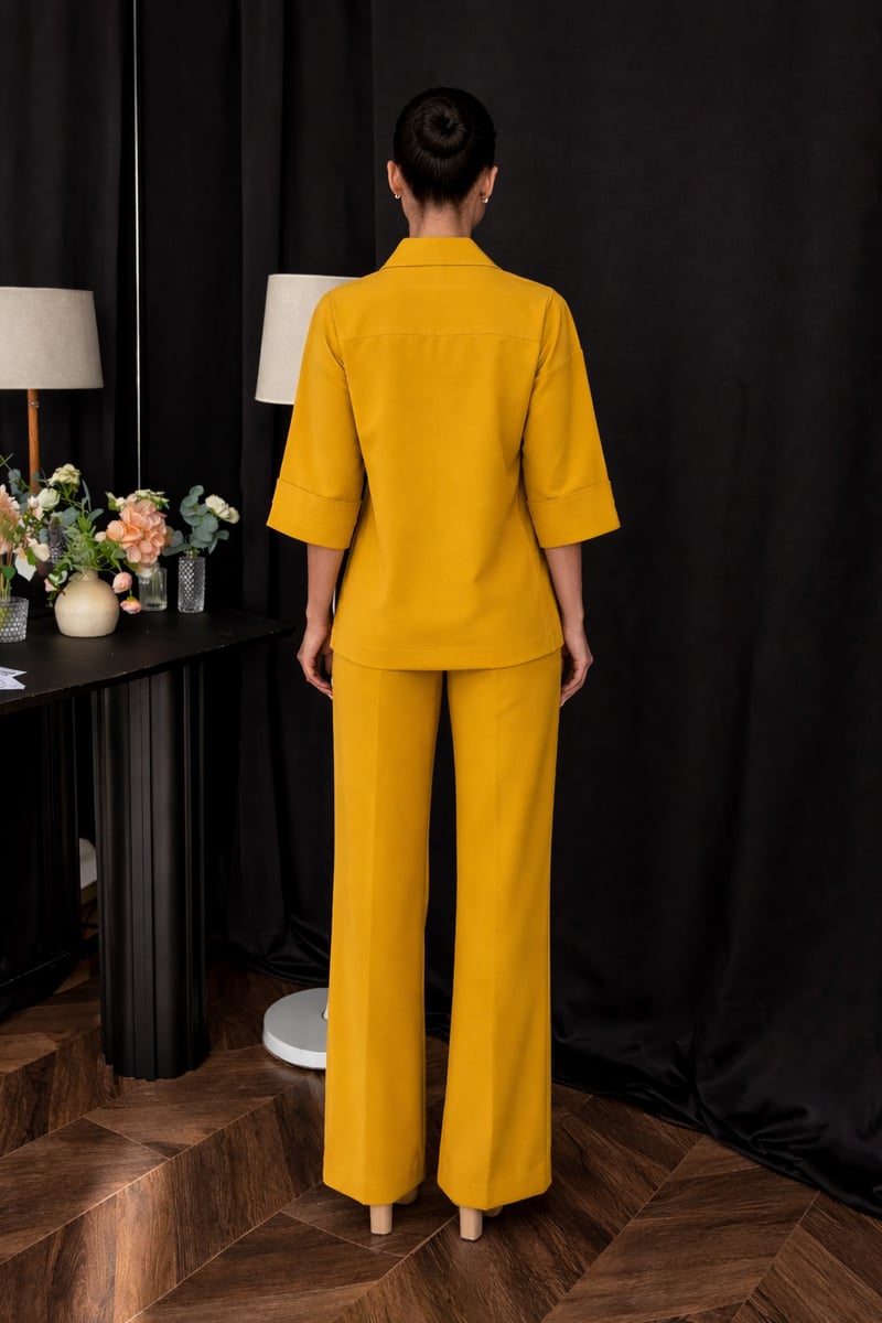 Mustard Half-Zip Top and Bell-Bottom Pants Co-ord Set