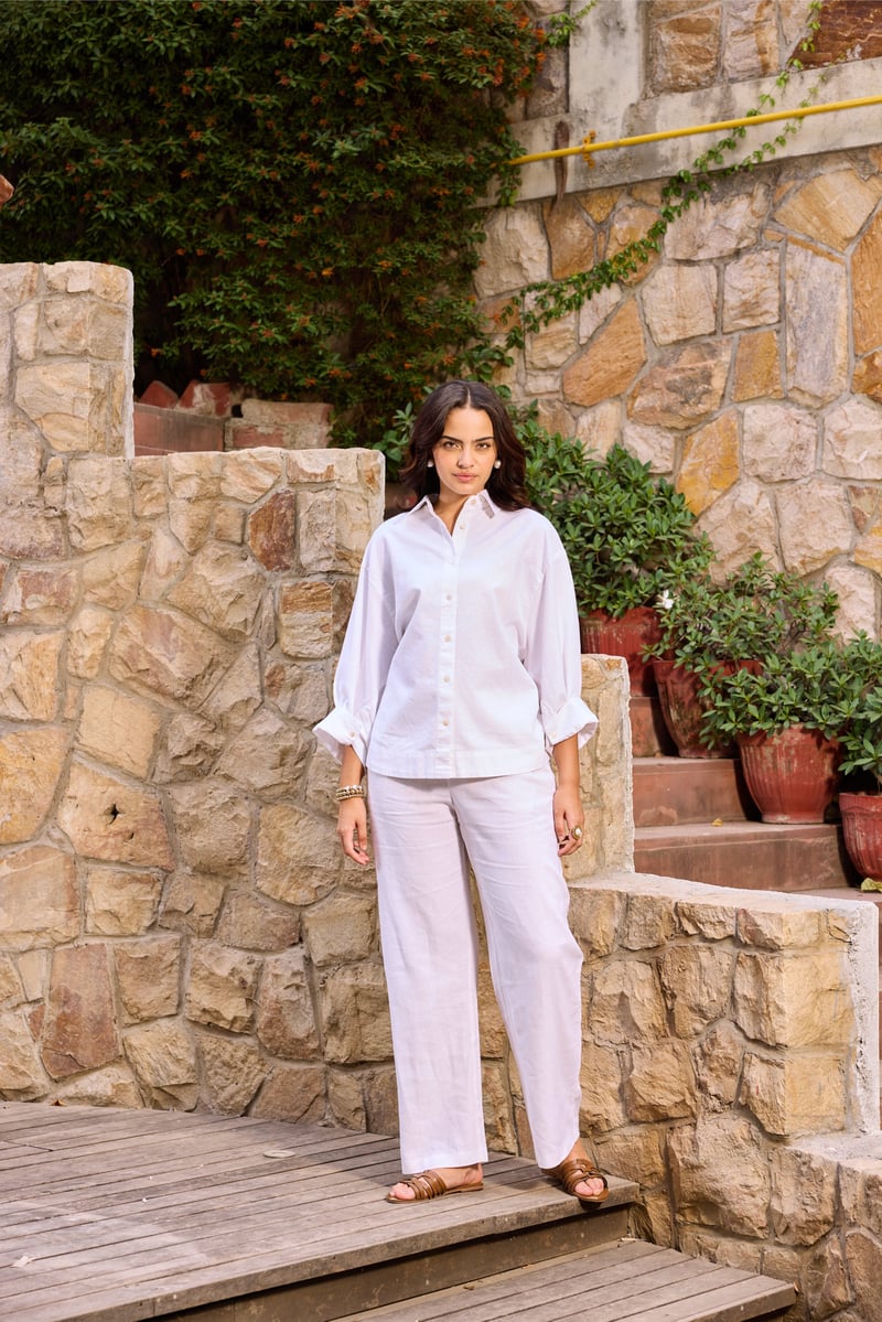White Linen Blend Shirt and Wide-Leg Pants Co-ord Set