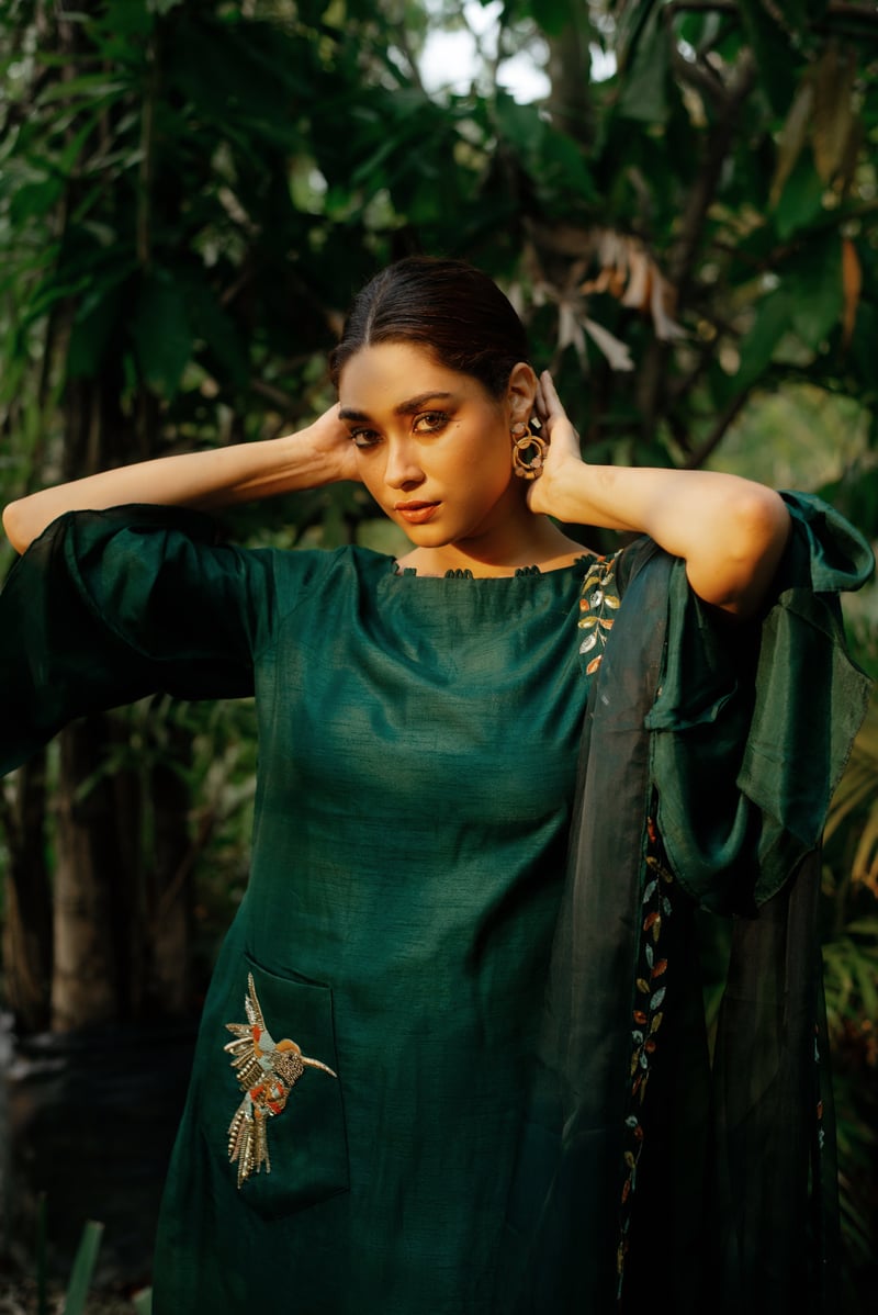 Green A-Line Kurta Set with Boat Neck and Embroidered Pocket