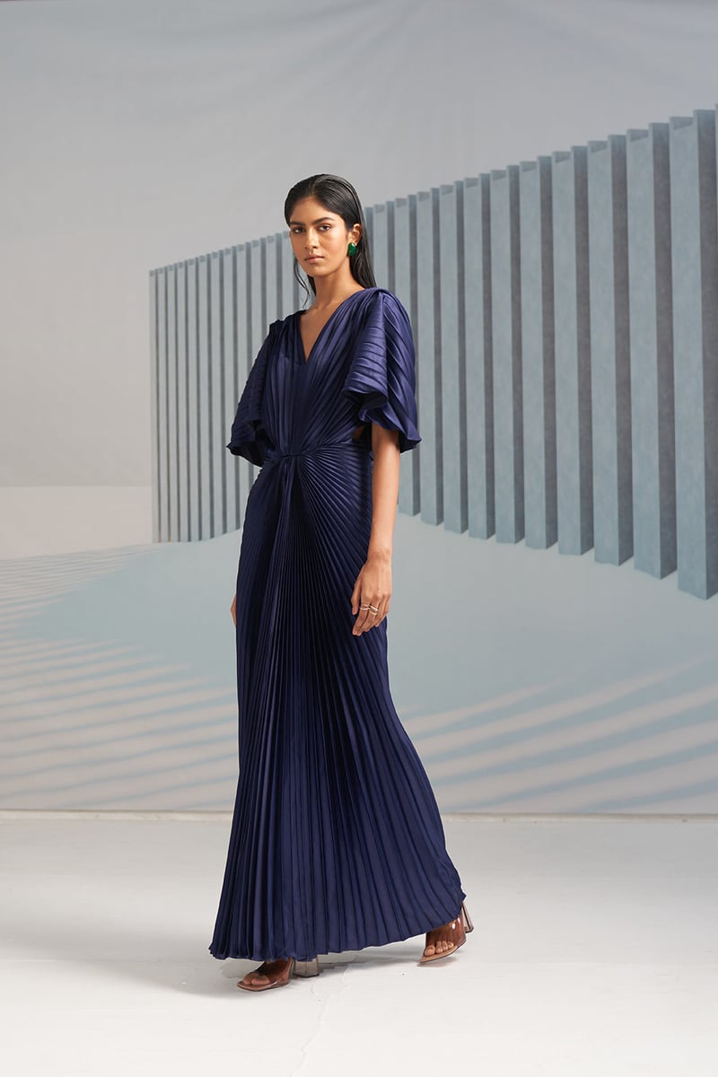 Blue Pleated Maxi Gown with Cape Sleeves