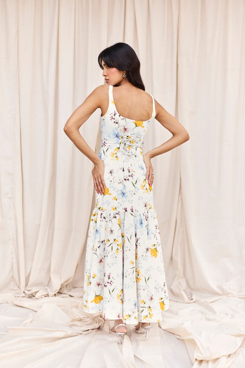 White Floral Fit & Flare Midi Dress