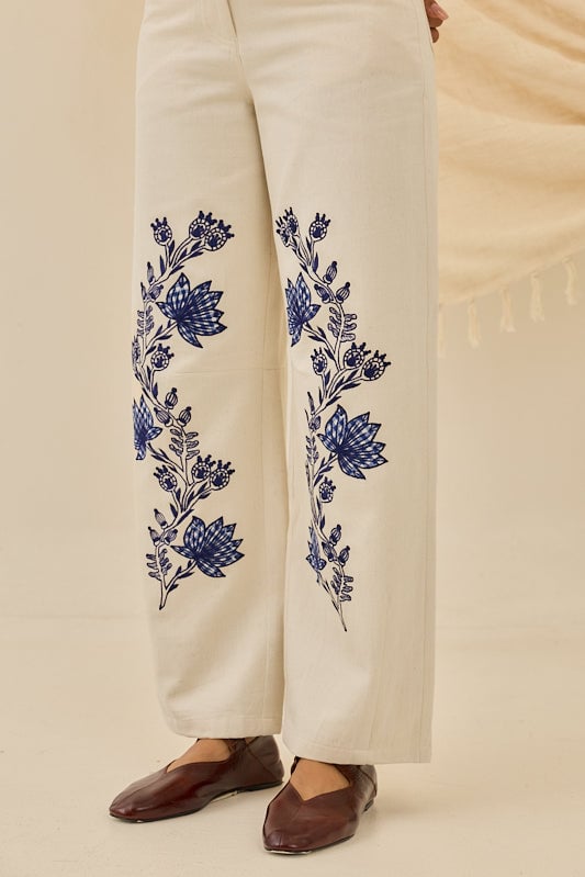 Off-White Denim Trousers with Navy Floral Placement Motif