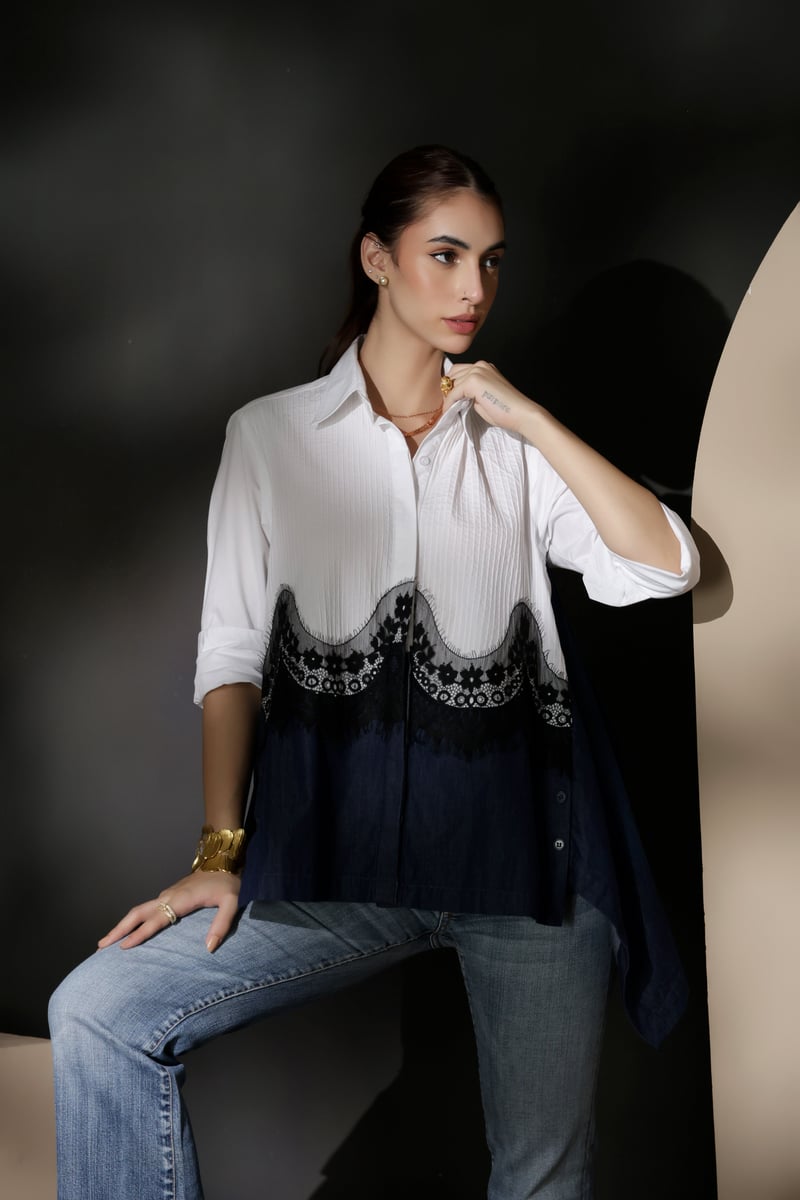 White and Dark Denim Colorblock Lace Panel Shirt