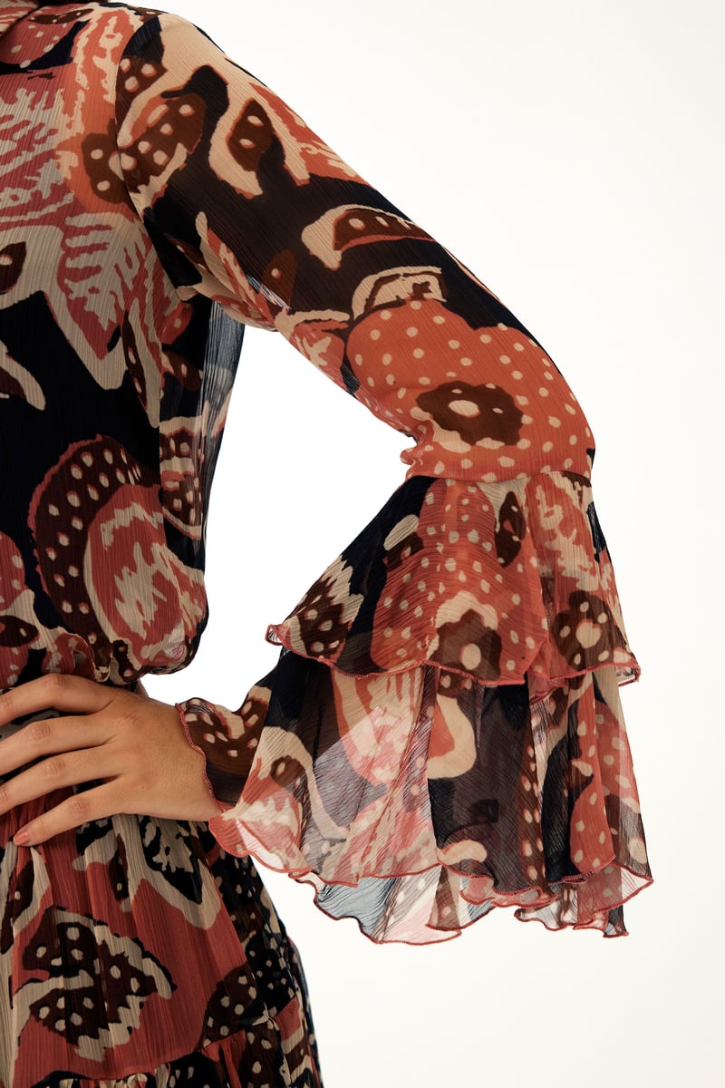 Dark Blue And Pink Floral Frill Top