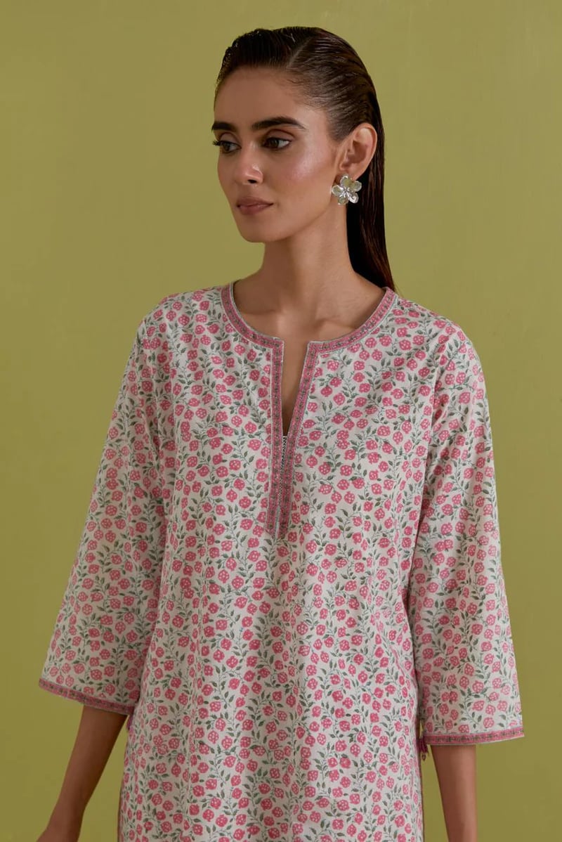 Off White Cotton Straight Long Kurta Set