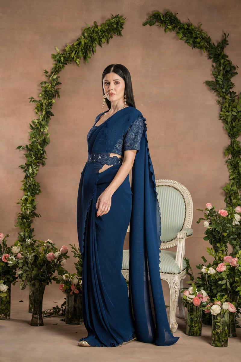 Navy Blue Pre-Draped Pleated Georgette Saree Set