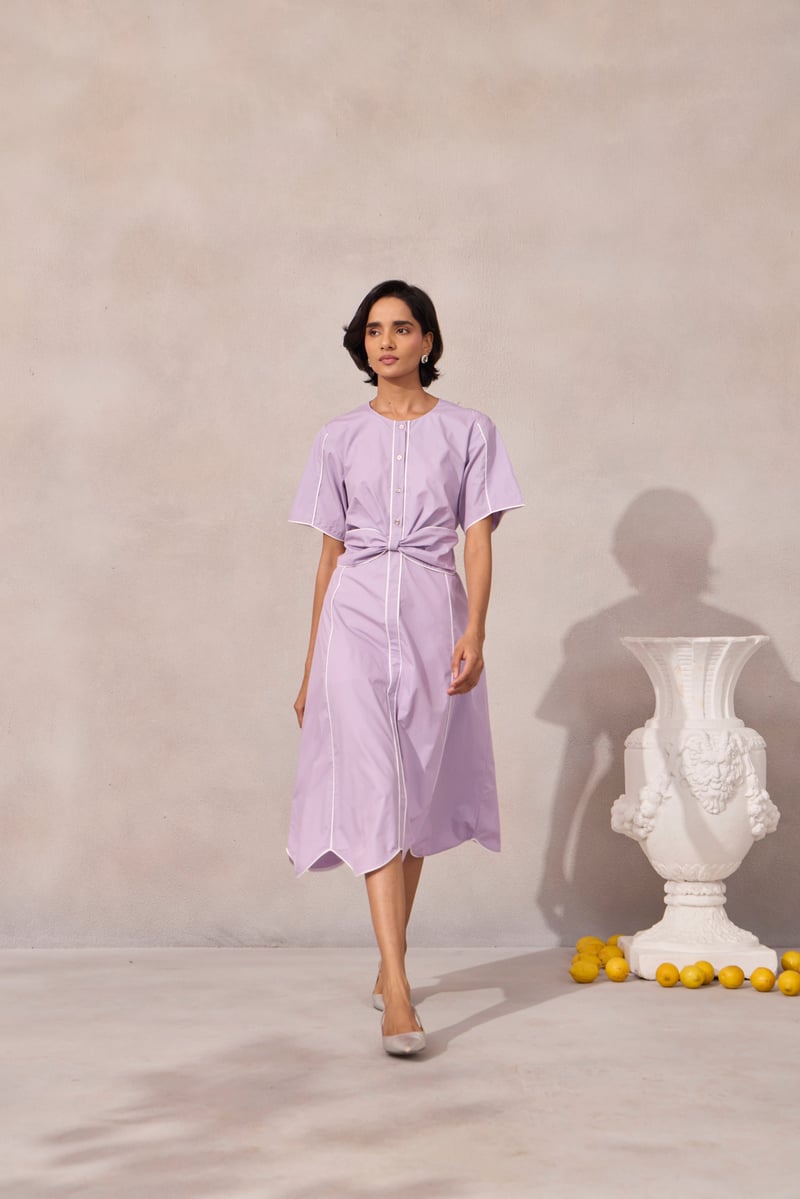 Sweet Lavender Fit and Flare Midi Dress with Piping