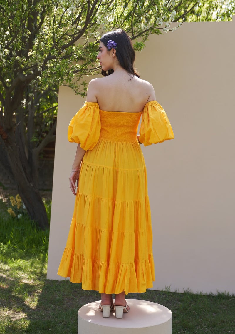 Mango Yellow Tiered Smocked Midi Dress with Detachable Sleeves
