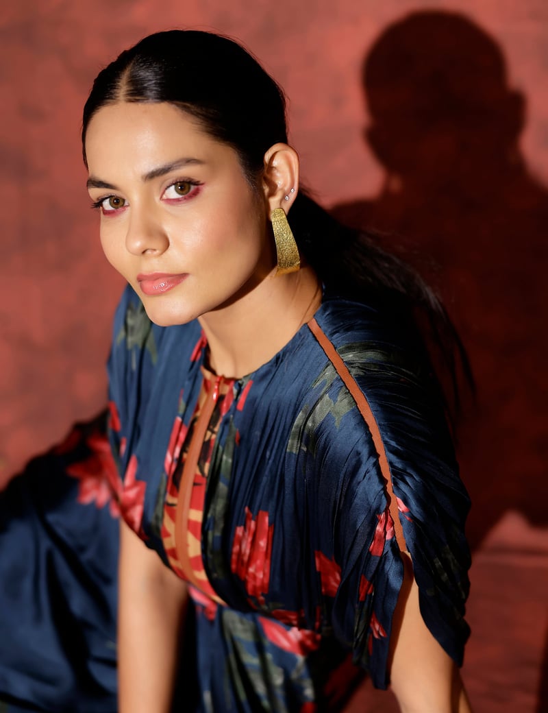 Peacock Blue Floral Kaftan Maxi Gown with Front Zipper