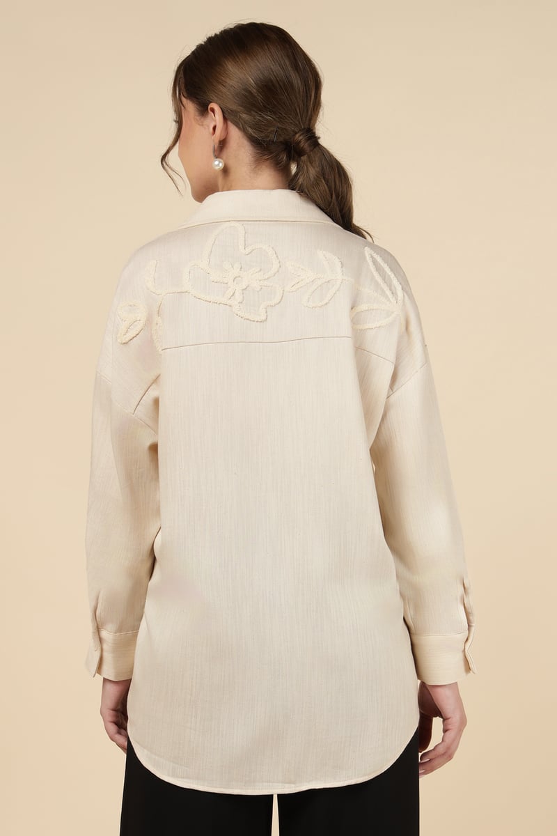 Natural Ivory Tonal Embroidered Button-Down Shirt