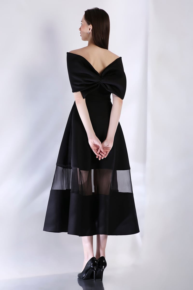 Black Off-Shoulder Bow Detail Midi Dress