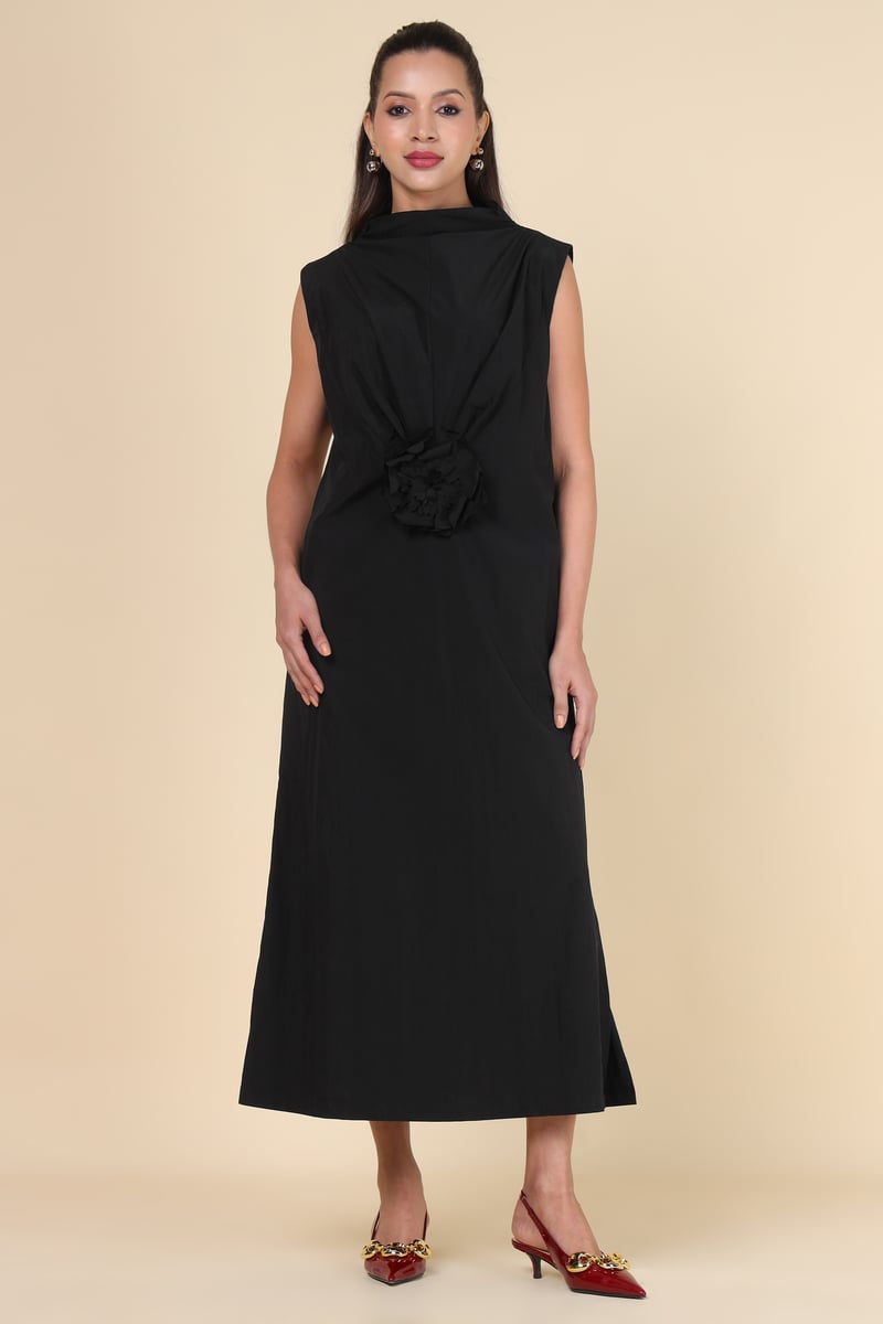 Black High Neck Sleeveless Midi Dress with Waist Rosette