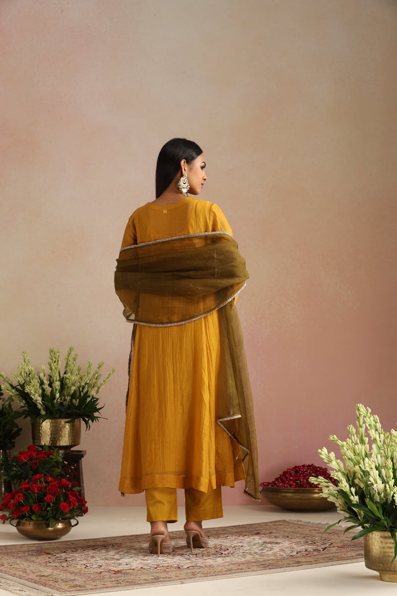 Mustard Yellow Silk Chanderi A-Line Kurta Set