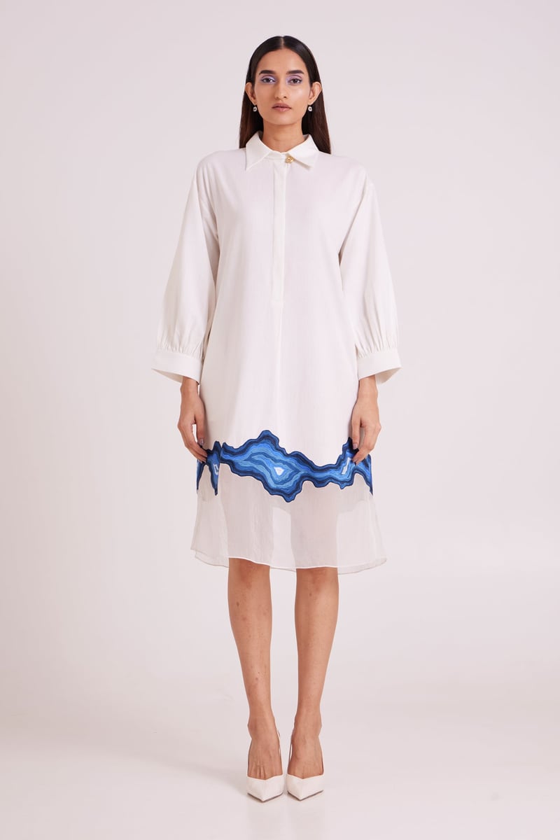 Ivory Midi Shirt Dress with Blue Hem Border — Madder Much