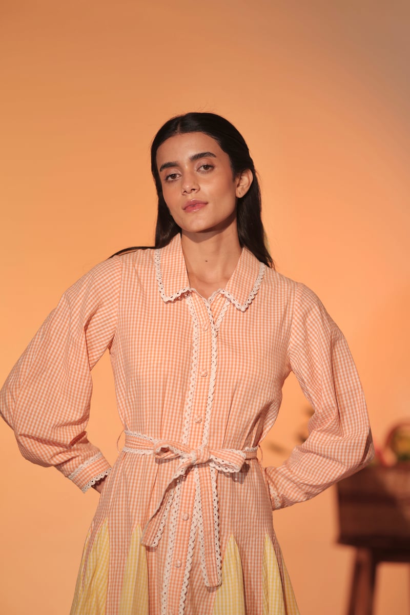 Pastel Checked Belted Shirt Dress with Lace Trim