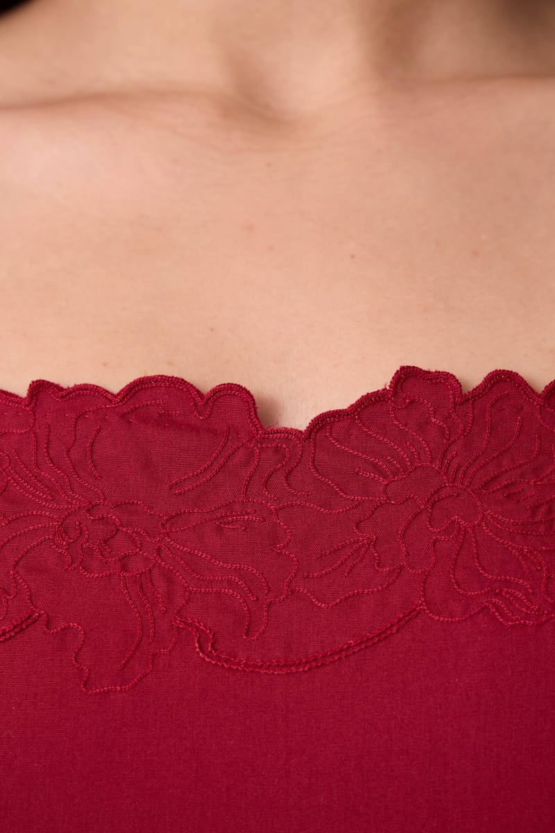 Wine Red Embroidered Neckline Fit and Flare Midi Dress