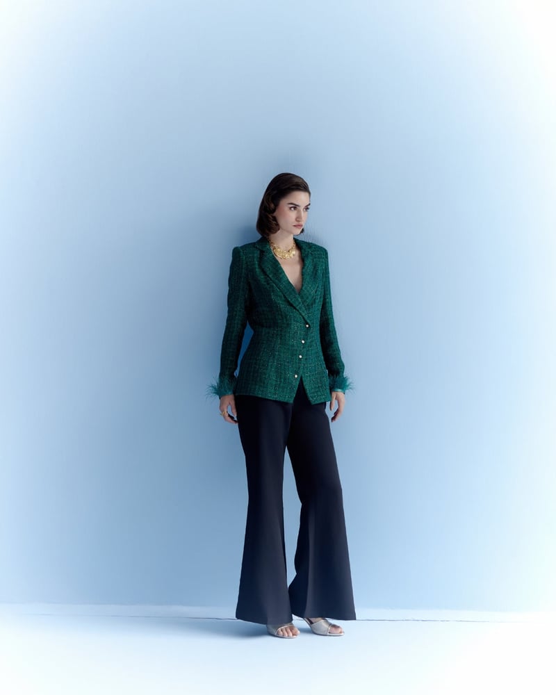 Deep Green Checked Tweed Blazer with Pearl Buttons
