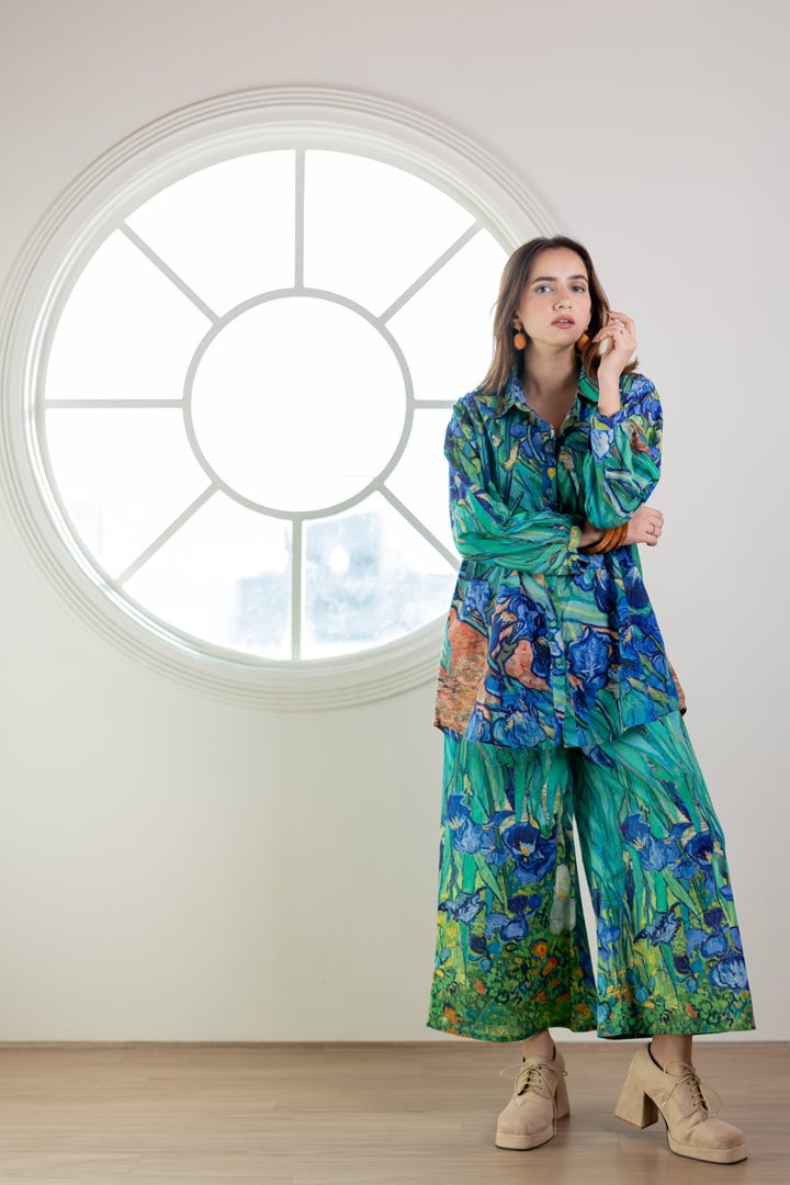 Aqua Blue Iris Print Shirt and Wide-Leg Pants Co-ord Set