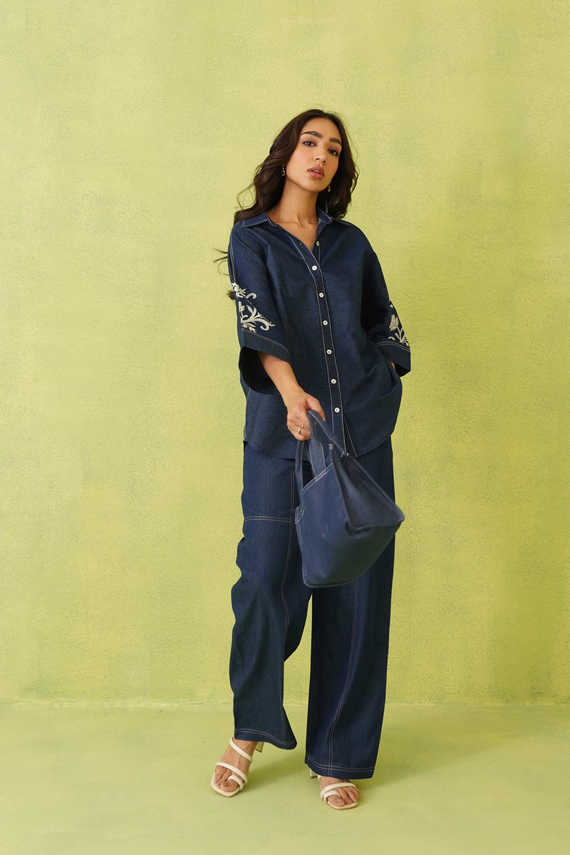 Denim Blue Embroidered Shirt and Wide-Leg Co-ord Set