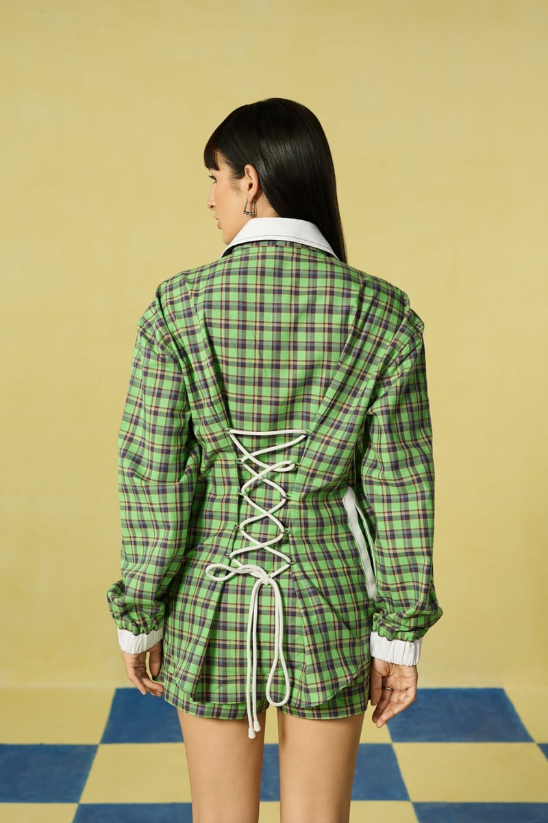 Green and White Plaid Shirt and Shorts Co-ord Set
