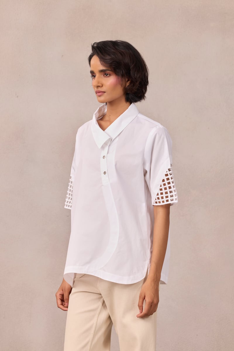 Bright White Poplin Shirt with Geometric Sleeve Cutwork