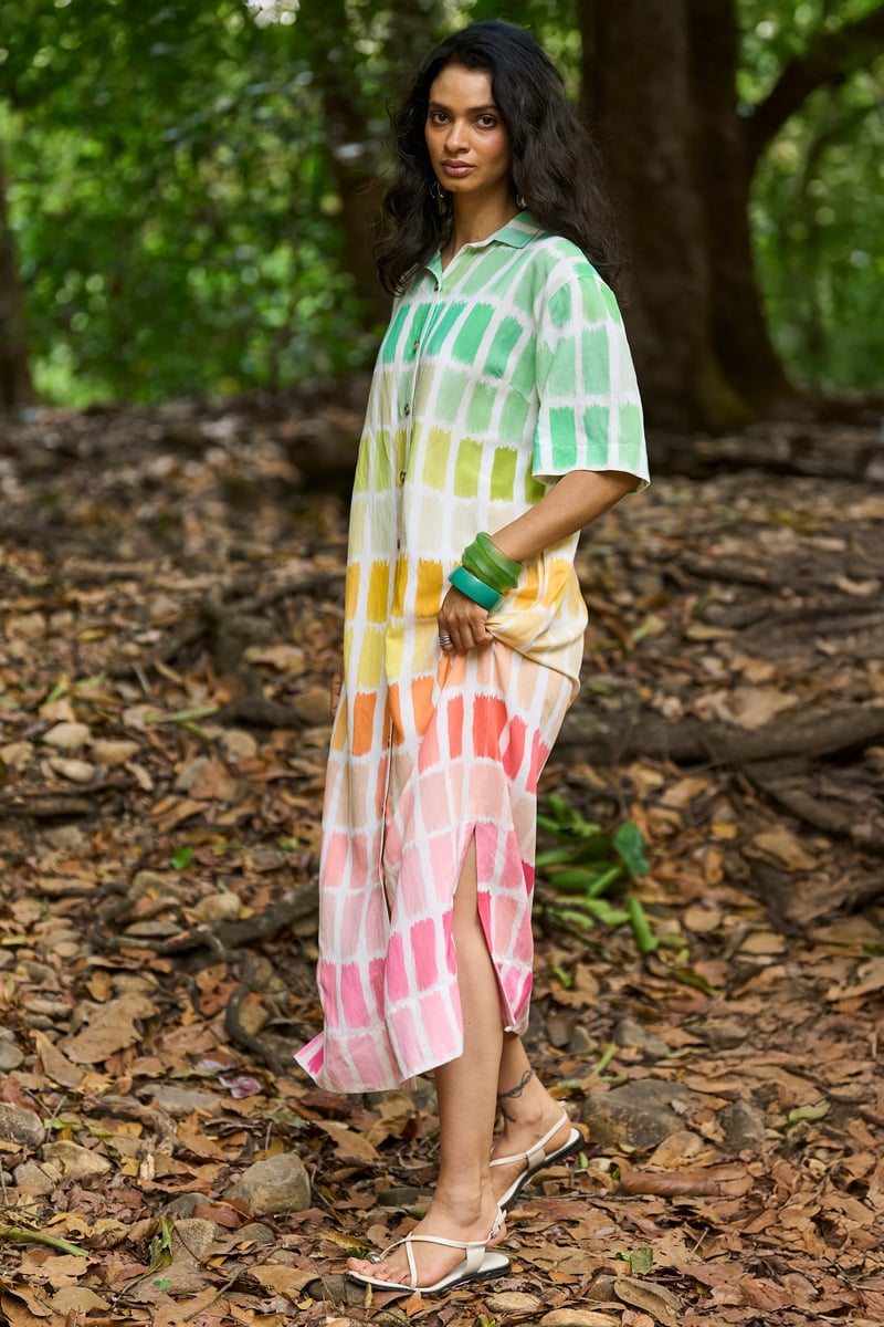 Multicolor Printed Midi Shirt Dress with Button-Down Front