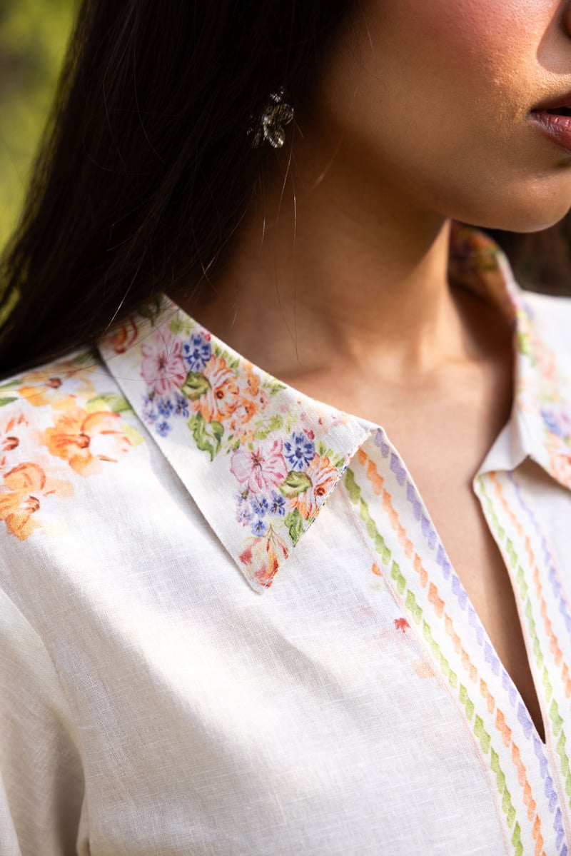 Cream Linen Floral Shirt and Trouser Co-ord Set