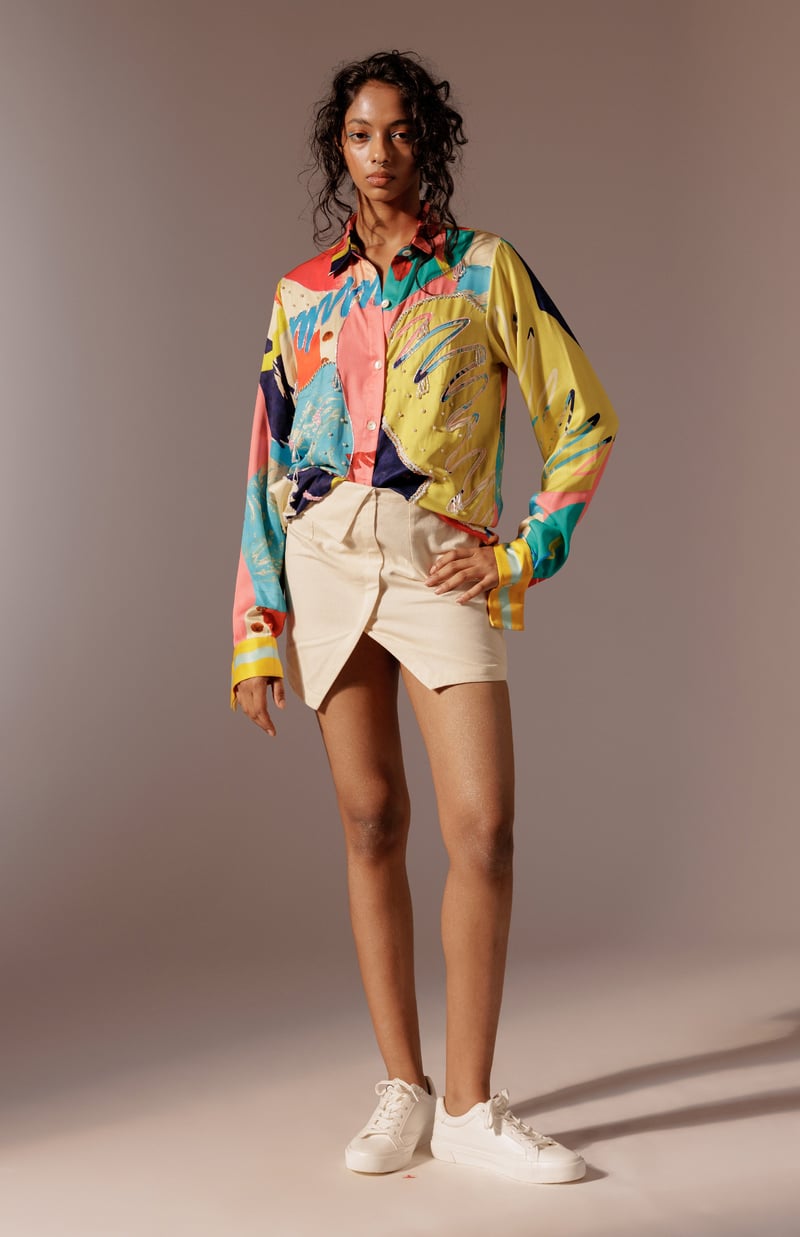 Multicolour Abstract Printed Satin Shirt with Embroidery — ADVAIT