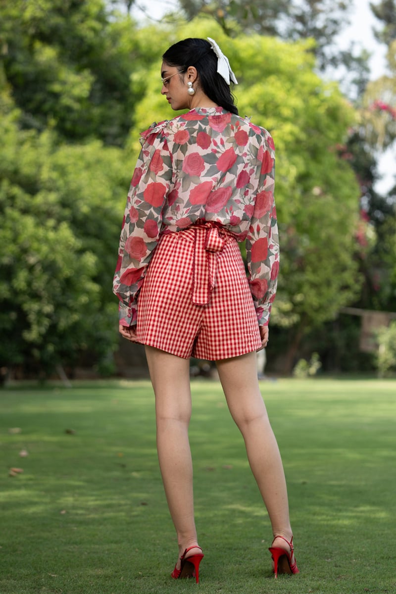 Multicolor Rose Print Chiffon Ruffle Trim Shirt