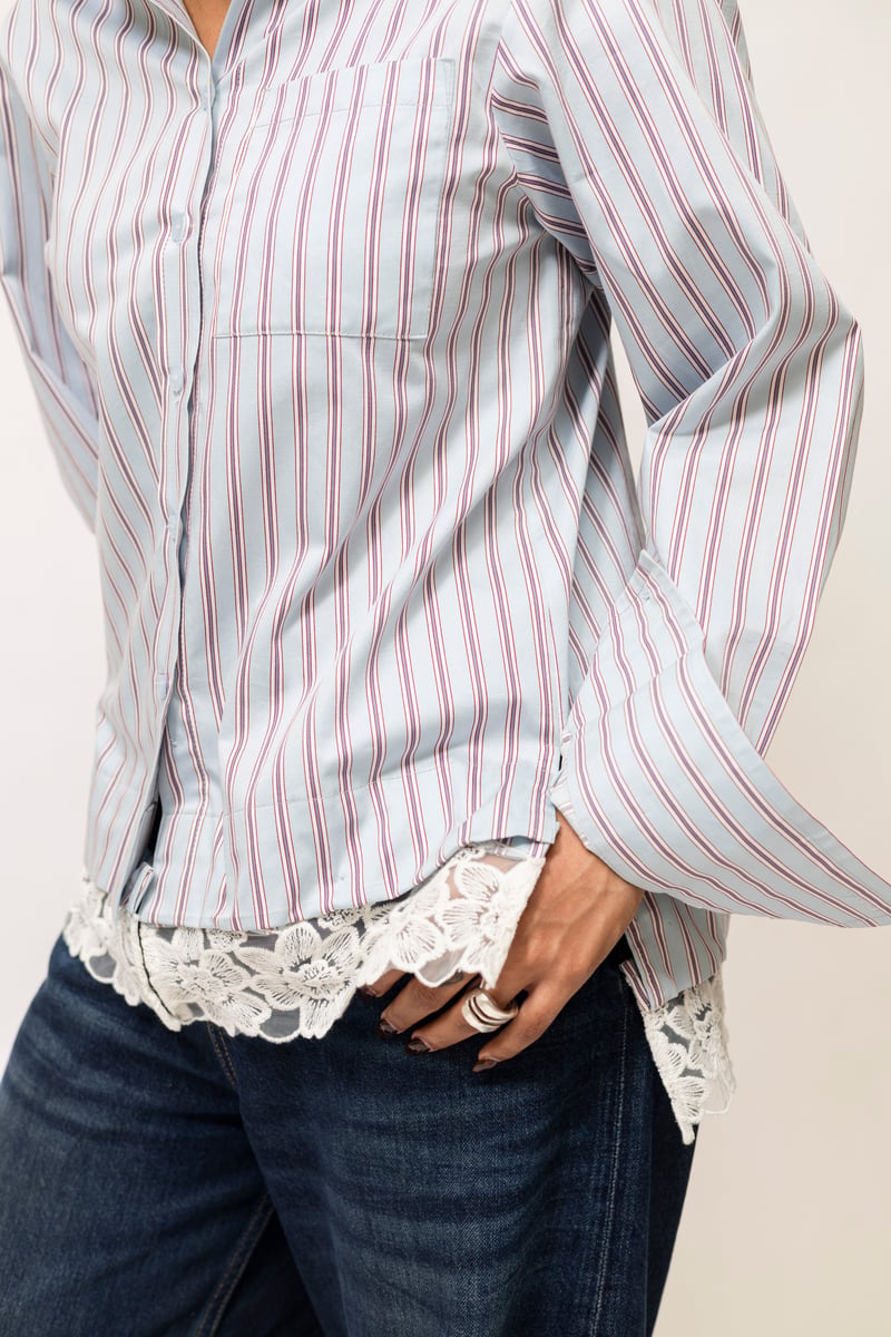 Blue Red Striped Shirt with Detachable Lace Hem