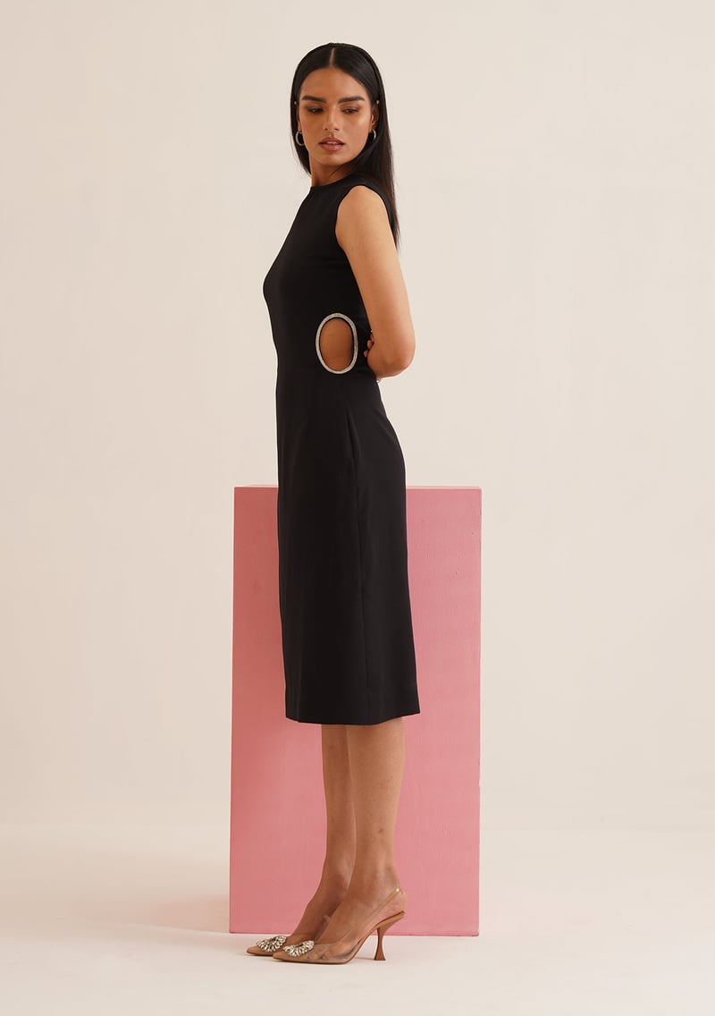 Black Bodycon Midi Dress with Rhinestone Waist Cut-Outs