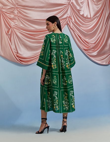 Forest Green Floral Printed A-Line Kurta