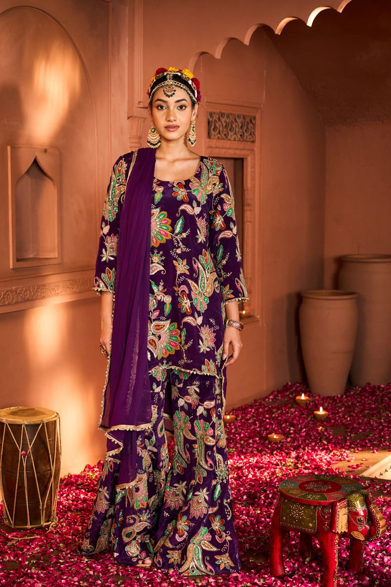 Purple Embroidered Kurta Sharara Set with Dupatta