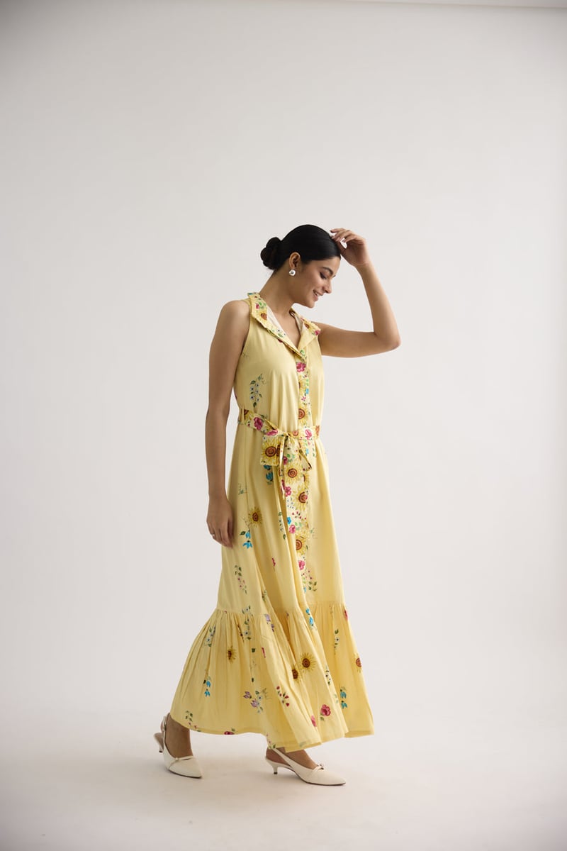 Yellow Floral Printed Tiered Maxi Dress with Waist Tie