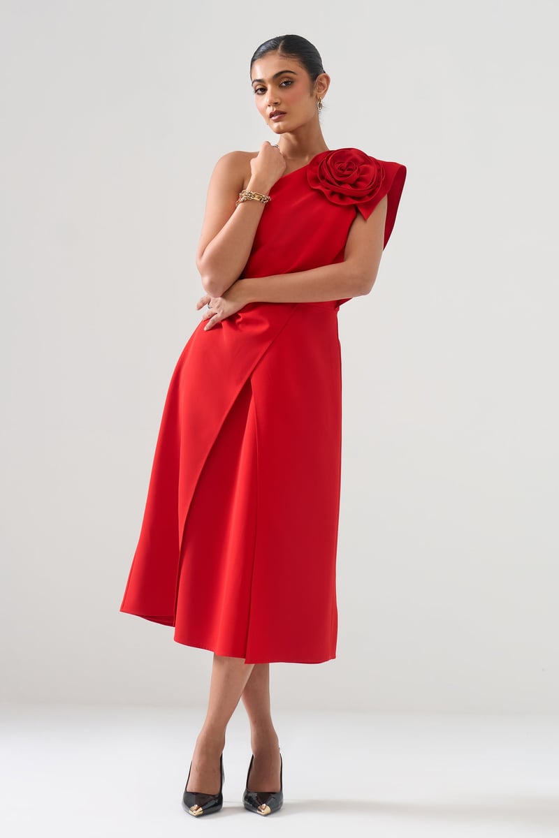 Red One-Shoulder Midi Dress with Rosette Detail