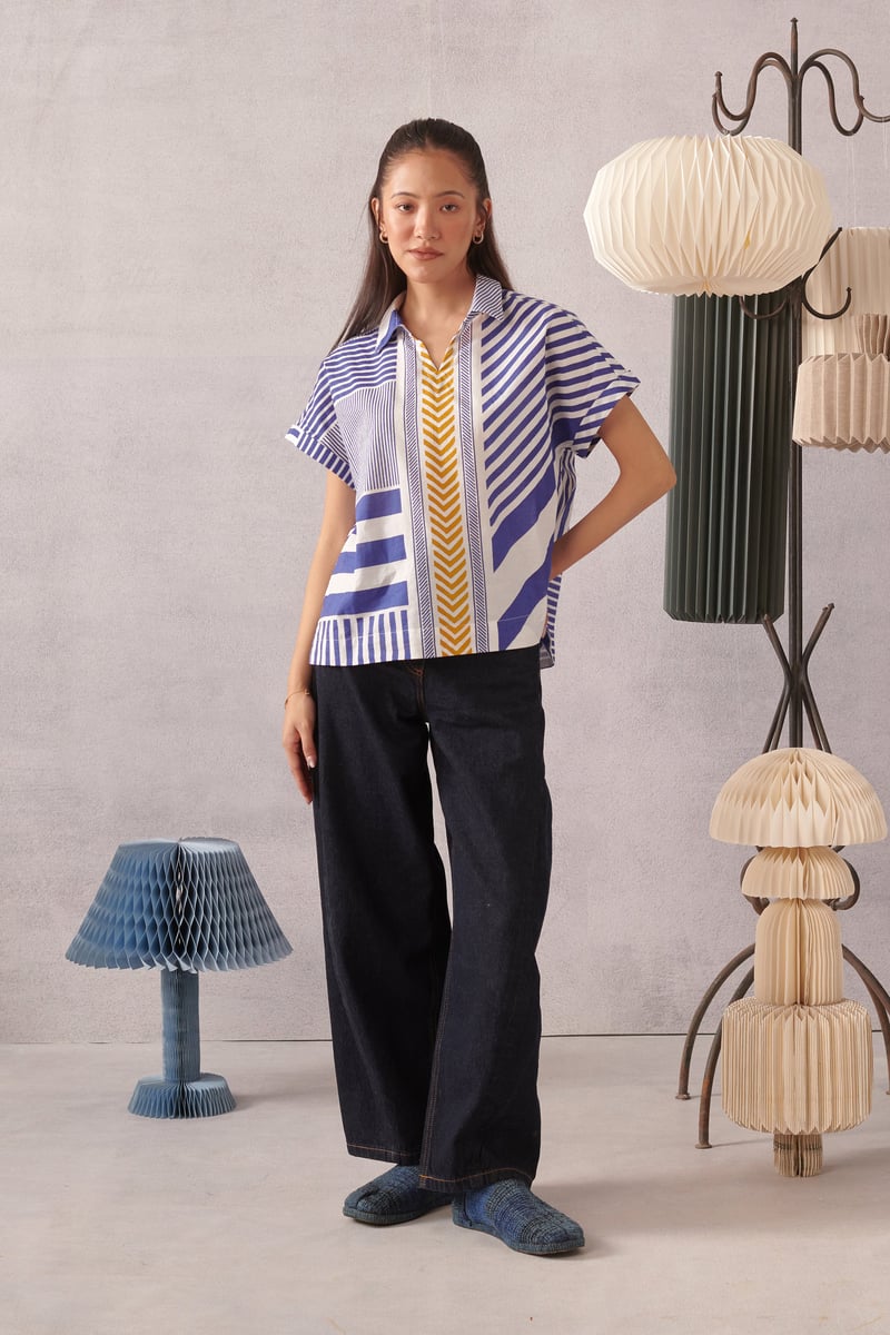 Blue and White Striped Boxy Cotton Top with Collar