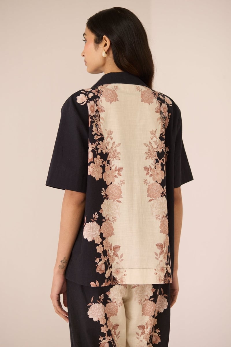 Noir Botanical Cotton Floral Placement Print Shirt