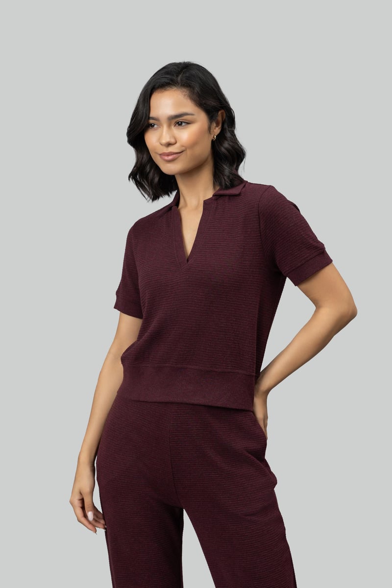 Burgundy Ottoman Rib Cropped Polo Top