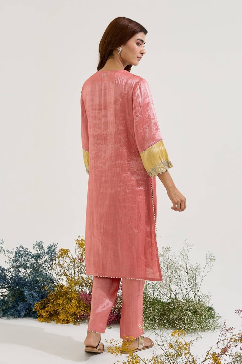 Red Tissue Straight Kurta Set with Applique Neck and Pants