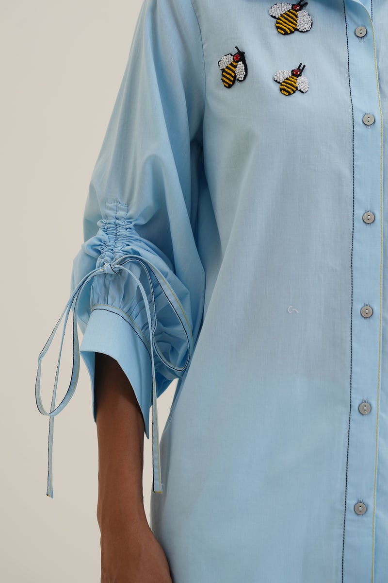 Powder Blue Cotton Shirt with Honey Bee Patch Motifs