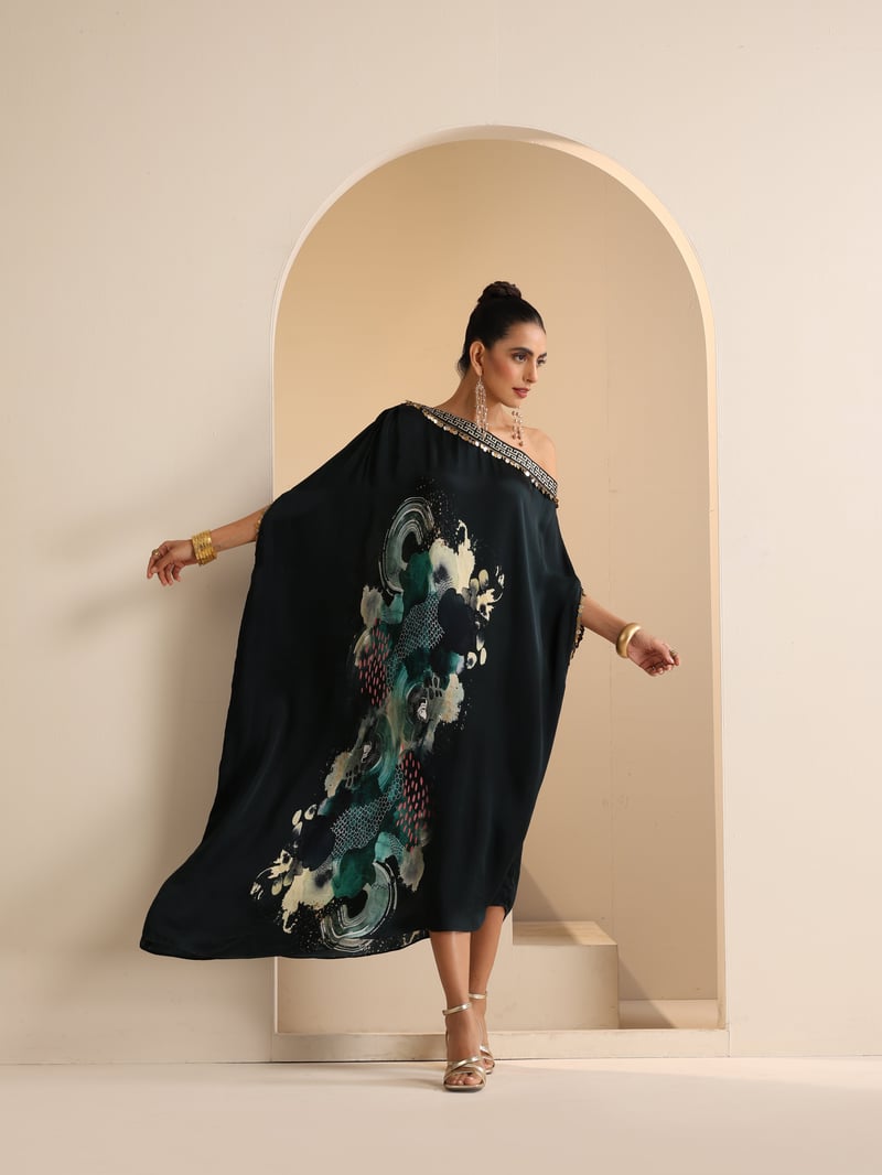 Green Abstract Print One-Shoulder Modal Satin Kaftan