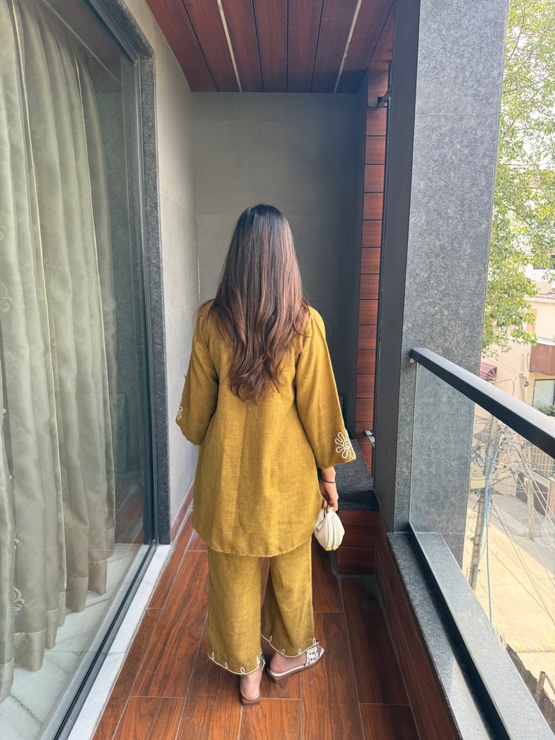 Golden Mustard Cotton Linen Co-ord Set with Dori Embroidery