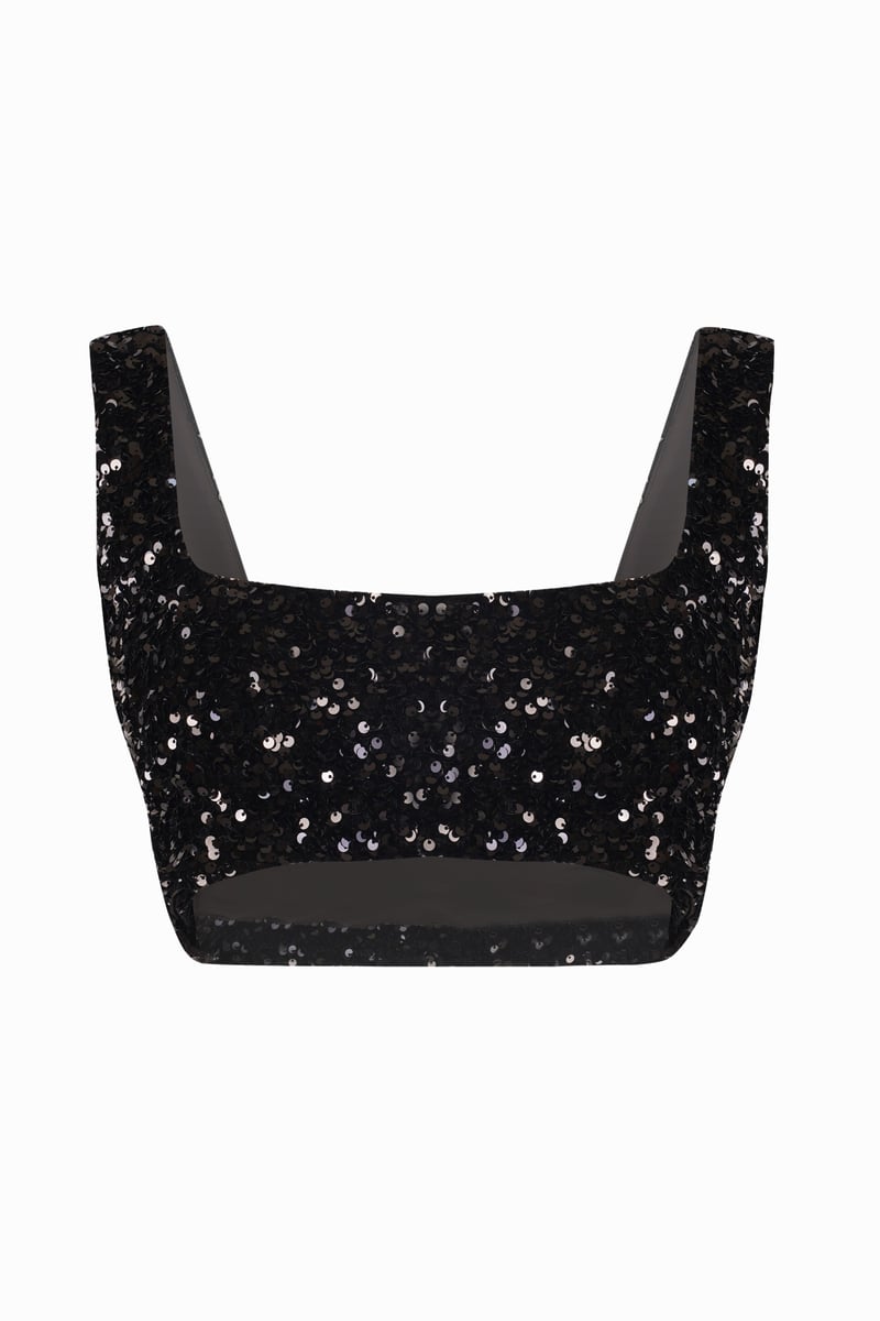 Black Sequins Velvet Square Neck Crop Top