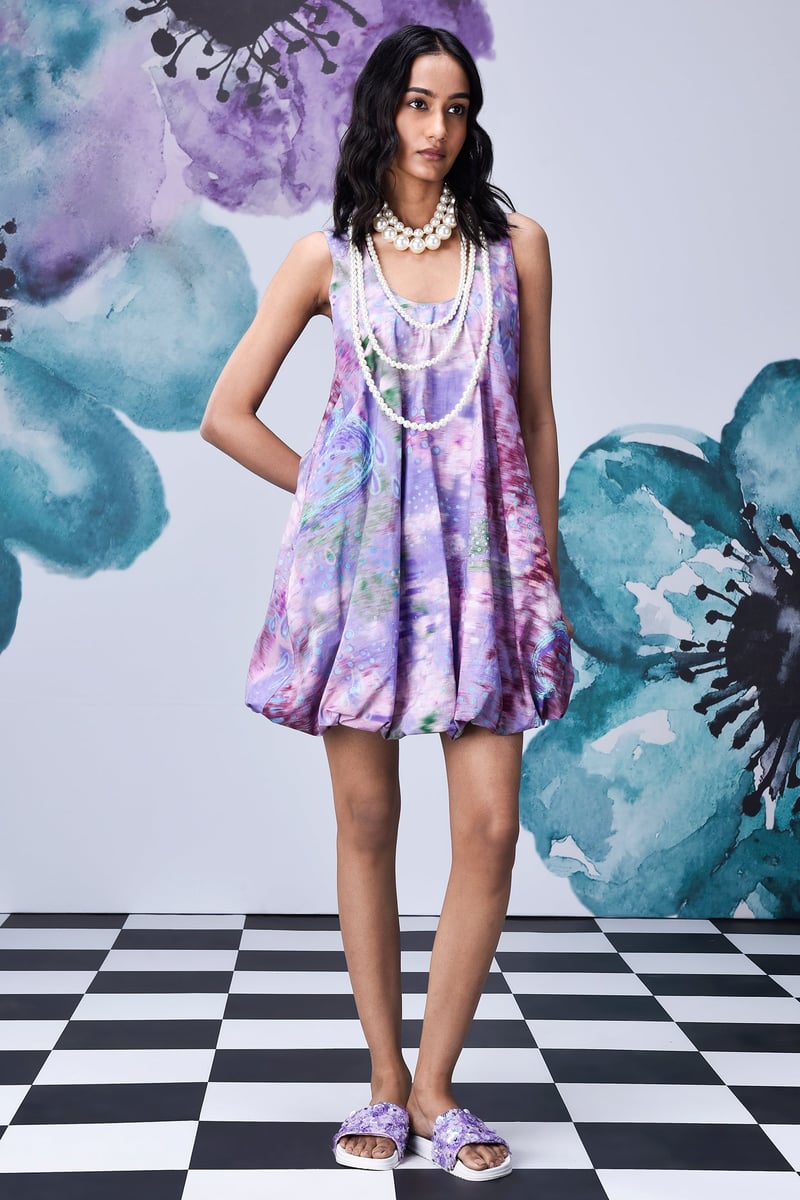 Lavender Abstract Print Mini Balloon Dress in Giza Cotton