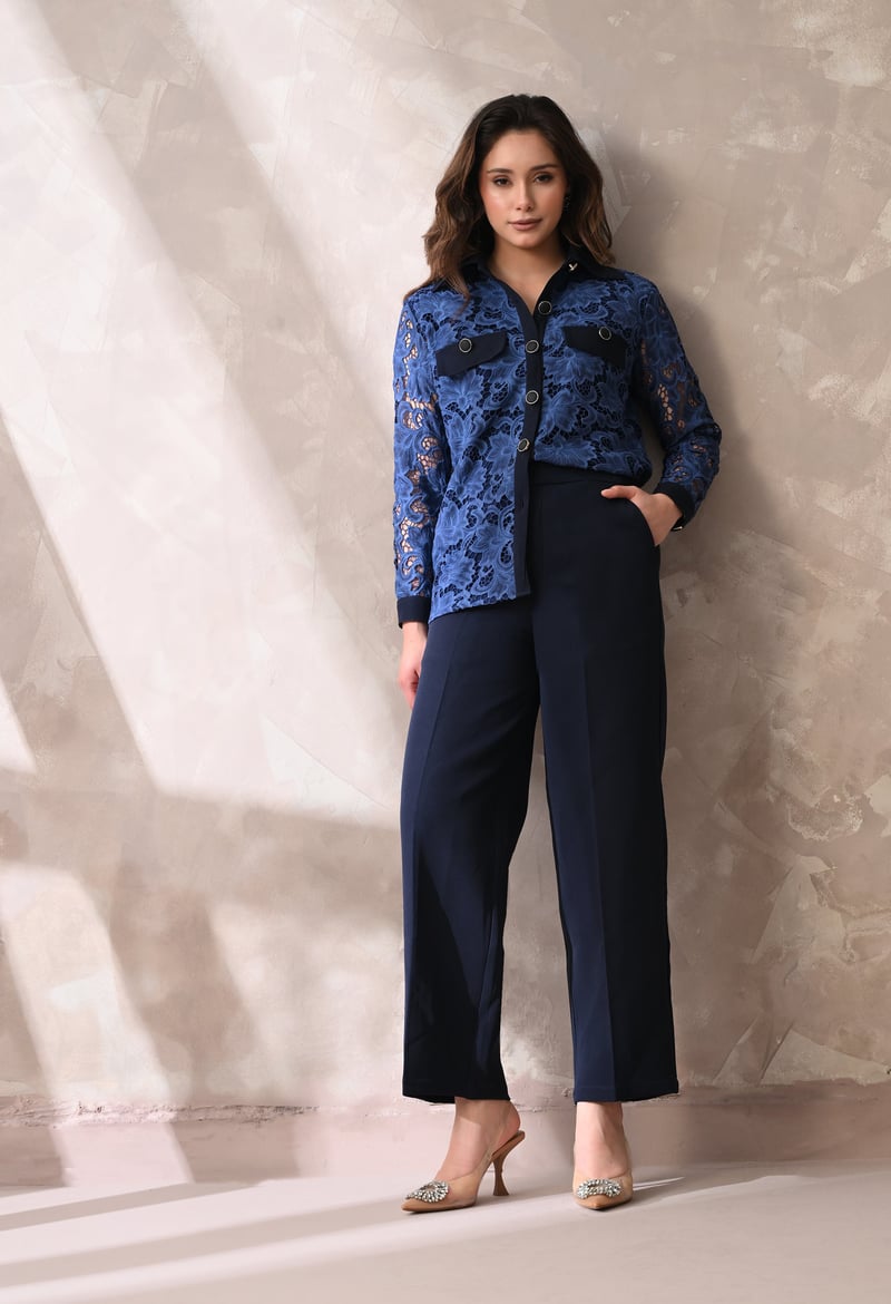 Midnight Blue High-Rise Wide-Leg Tailored Trousers