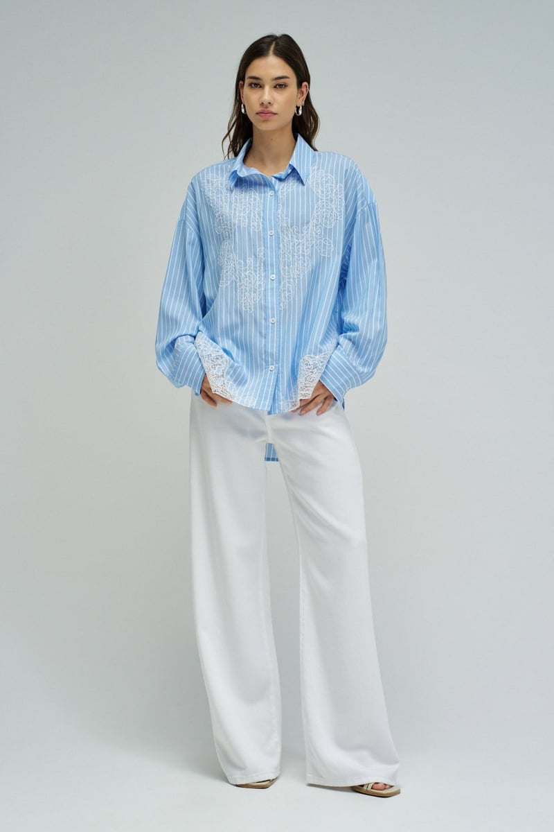 Blue Striped Button-Down Shirt with Lace Detail