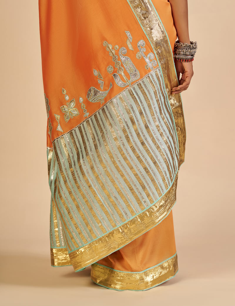 Orange Silk Chanderi Saree with Aqua Pallu and Gota Border