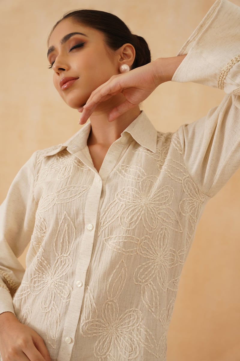 Cream Hand-Embroidered Cotton Co-ord Set